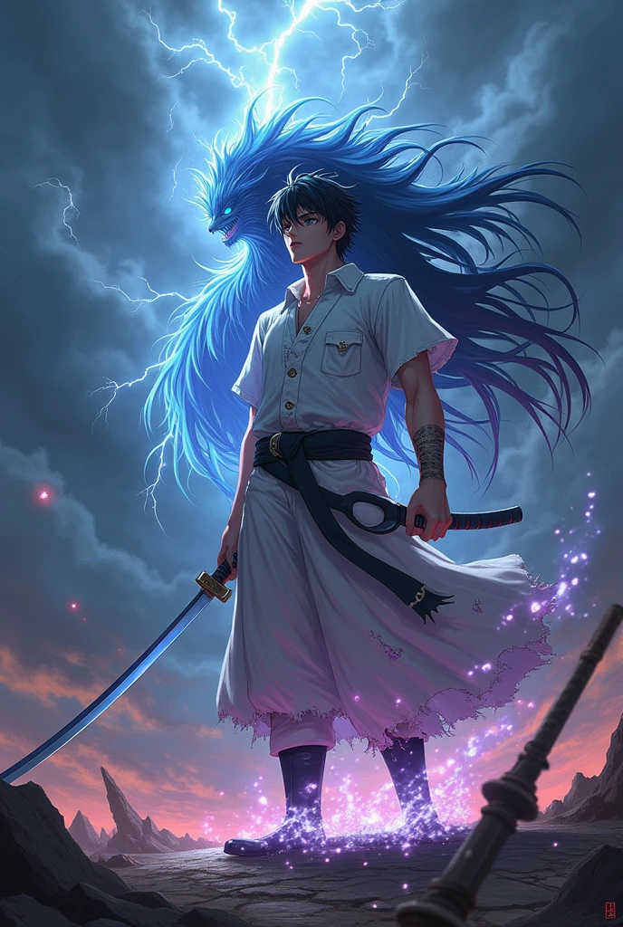 "Yuta Okkotsu stands resolute, having just returned from the brink of death after his fierce battle with Sukuna. His white school uniform is torn and stained, evidence of the intense struggle he has endured. His dark, tousled hair hangs over his eyes, which now blaze with a renewed determination and the weight of his experience. His right hand rests on the hilt of his katana, the blade still shimmering with residual cursed energy, a testament to the power he has unleashed.
Around Yuta, the atmosphere is heavy, almost suffocating, with an oppressive aura that seems to weigh down the very air. The battlefield is a desolate wasteland, littered with the remnants of shattered buildings and scorched earth. The sky above is a roiling mass of dark clouds, occasionally illuminated by flashes of cursed lightning that crackle with malevolent energy. The ground beneath Yuta's feet is cracked and uneven, with pools of blackened, cursed energy seeping from the fissures like toxic blood.
Beside Yuta, Rika Orimoto hovers protectively, her form both ethereal and terrifying. She appears as a ghostly apparition, her long, flowing hair and tattered dress moving as if caught in an unseen current. Her eyes, glowing with an otherworldly light, are filled with a mixture of longing and unyielding loyalty towards Yuta. Rika’s aura is palpable, a dense, swirling mist of cursed energy that wraps around her like a shroud. The air around her vibrates with a low hum, the very fabric of reality distorting slightly under the immense power she radiates.
Yuta’s own aura is a sharp contrast to Rika’s; it is a focused, controlled force, like a sword poised to strike. His energy pulses with a calm, steady rhythm, creating an aura of intense concentration that seems to push back against the chaotic energy around him. The two auras, Yuta’s disciplined and precise, Rika’s wild and chaotic, intertwine in a delicate balance, creating a powerful, intimidating presence that commands the battlefield.
The en