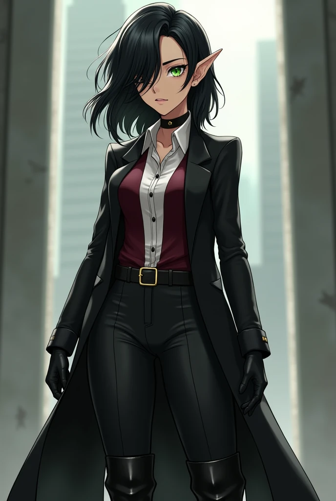 An animated female elf character with shoulder-length hair, wavy and dark, black, with an asymmetrical hairstyle that partially covers one side of her face. His eyes are a deep green color. She is wearing a black outfit that includes a long, tight-fitting jacket., with long sleeves and shorts . The jacket has a belt tied at the waist., that fastens in the front. He has a white button-down shirt and a wine-red jacket.. Wear gloves and high boots, ambas black. The posture and facial expression suggest that she is ready for a battle or quick action.. She is tall and serious.