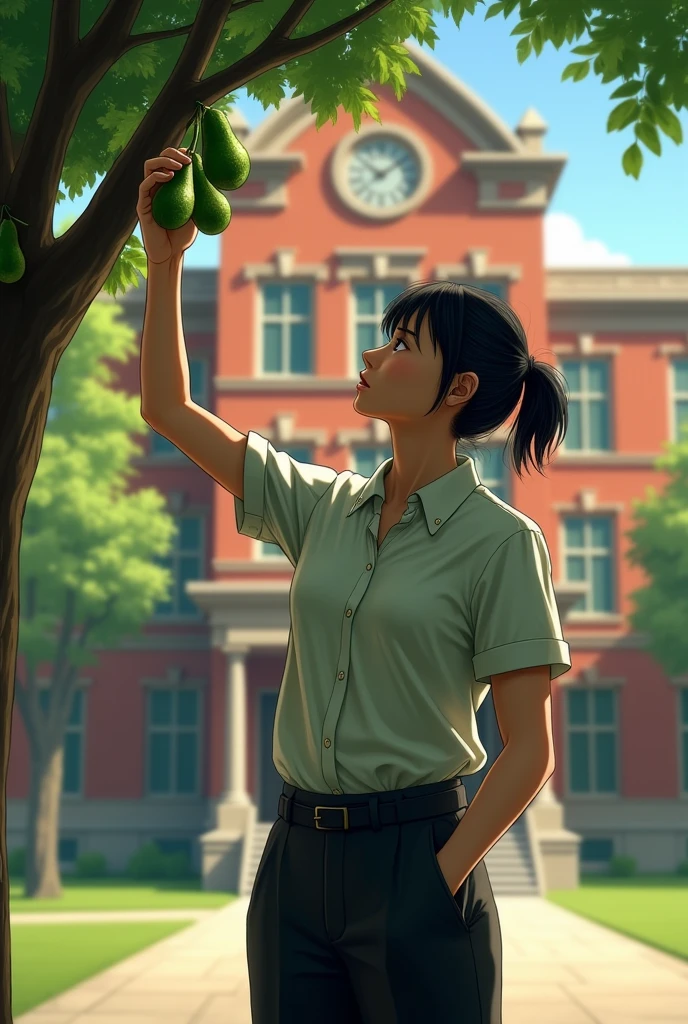 black-haired teacher, in front of the school, picking avocado

