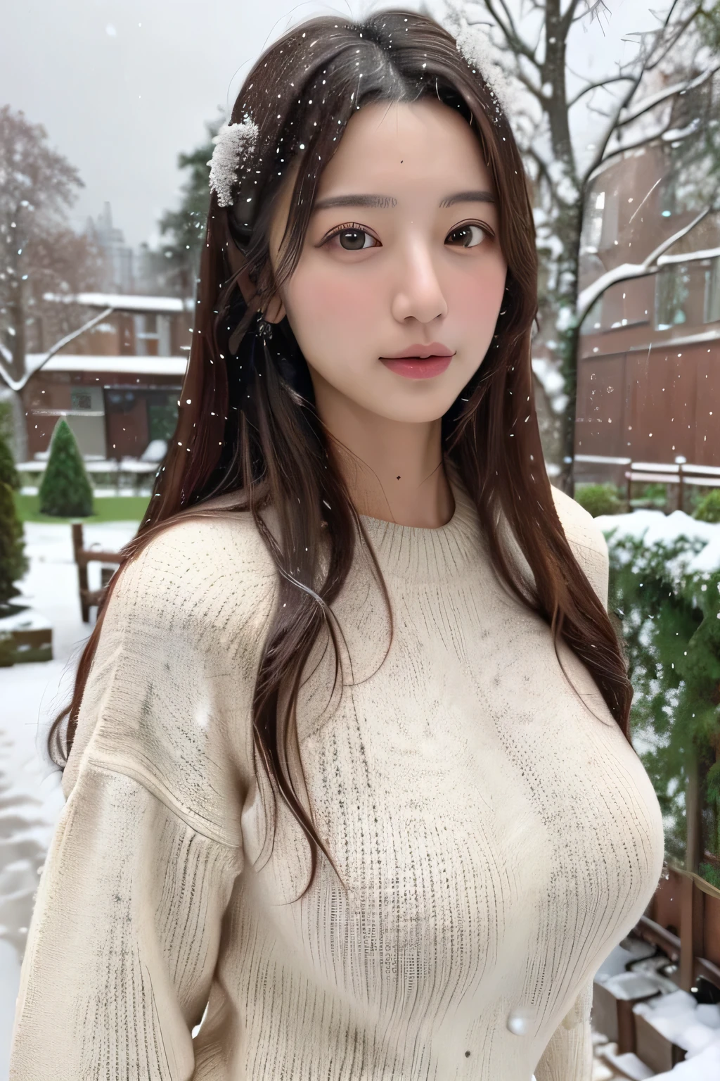 (masterpiece:1.35),(best-quality:1.4),8k,ultra-detailed,photography,(ultra-realistic:1.4), adult girl, long hair, sweater, snowing background, Large Breast, Slim Body,