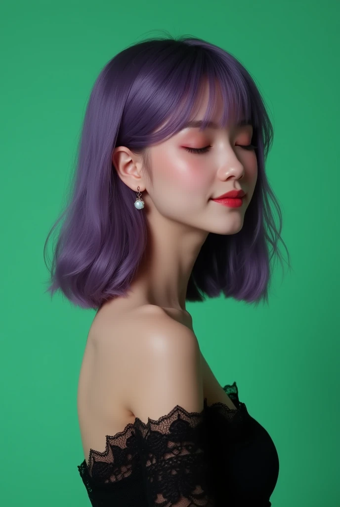 (8k, RAW photo, best quality, masterpiece: 1.2,1 girl,anime), (Hairstyle details: straight, shoulder-length purple hair), (Body shape details: slender and elegant, with a slightly turned pose, graceful posture), (Facial expression details: eyes closed, peaceful and enjoying the moment, soft smile), (Clothing details: black lace top, elegant earrings), (background details: plain green chroma key background)
