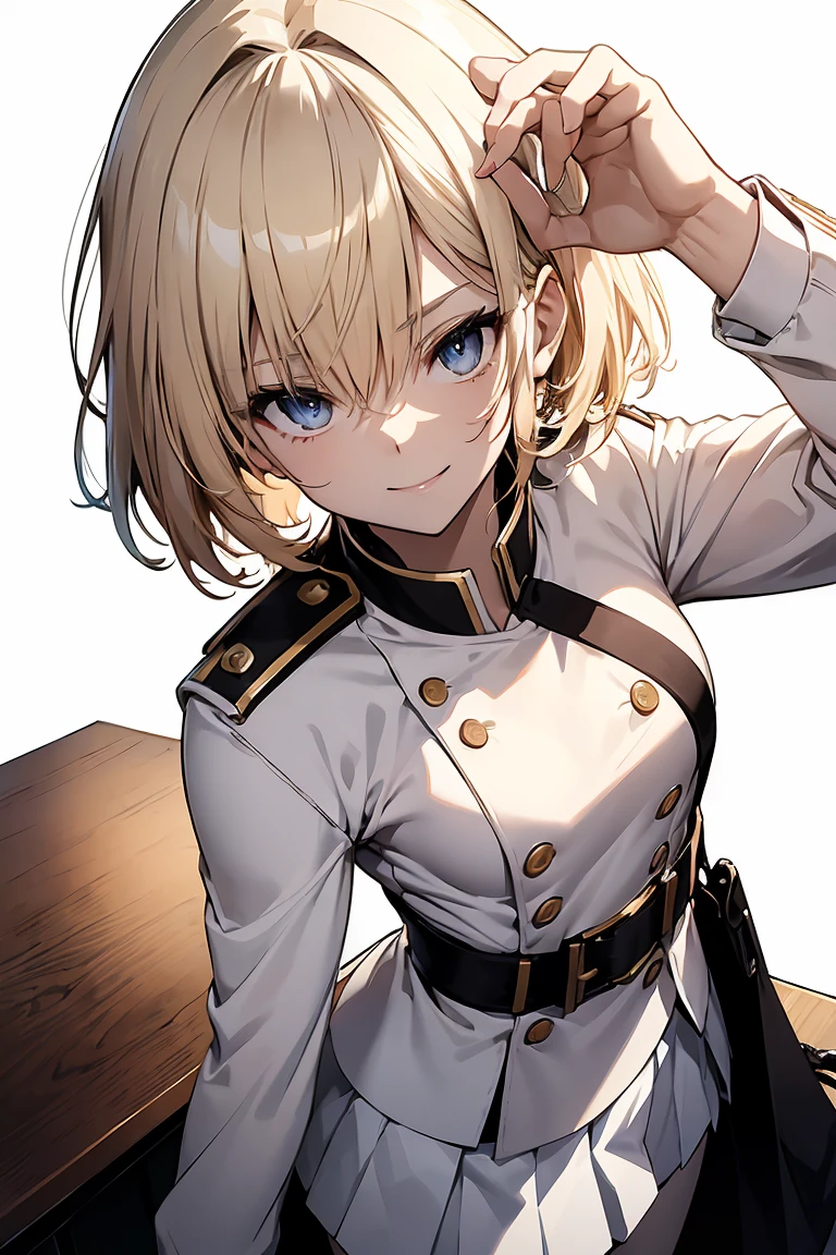 (Super sexy pose:1.2), One Girl, whole body, White one-piece military uniform, (Tabletop:1.2, Highest quality), (Beautiful, detailed eyes: 1.2), (Beautifully detailed face), High Contrast, (Best lighting, Very delicate and beautiful), ((Cinematic Light)), Dramatic Light, Deep orange eyes, small, Below the belt , White military uniform, White Skirt,Blonde, Black tie, (Pale white background:1.5), Wolf Cut Hair, Look at me and smile,