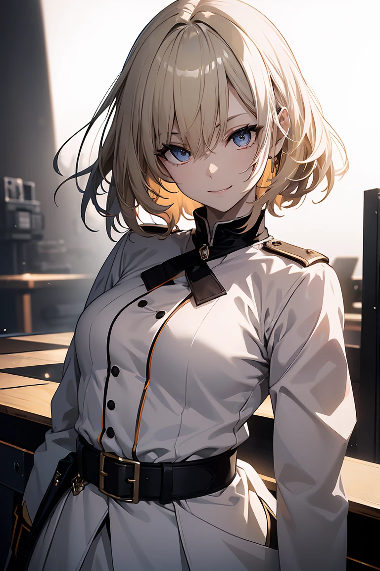 (Super Sexy Pose:1.2), 1 girl in, Full body, White one-piece military uniform, (masutepiece:1.2, Best Quality), (finely detailed beautiful eye: 1.2), (beautifull detailed face), High contrast, (Best Illumination, extremely delicate and beautiful), ((Cinematic Light)), Dramatic light, dark orange eyes, flat chest, Belt under breast, White military uniform, White skirt,blonde  hair, Black tie,  (Pale white background:1.5), Wolf cut hair, Look at me and smile,