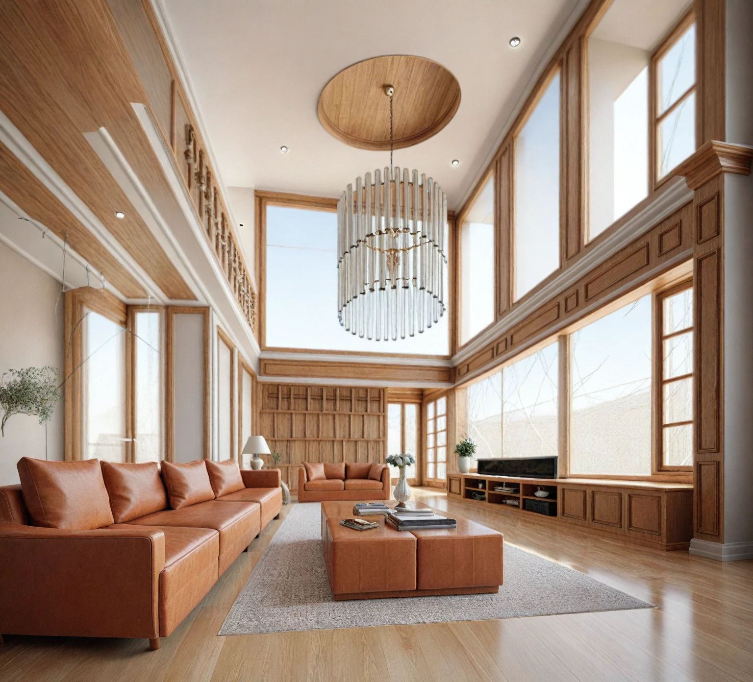 RAW photo, masterpiece, a view of a ( LIVING ROOM :1.3) with a couch, chairs, and a chandelier, highly detailed interior, neo - classical style, neoclassical style, neoclassicism style, interior architect architectural visualization, neoclassical style, in style of classicism, white light sun, rendered in vray, rendered in v-ray, rendered in unreal engine 3d, (photorealistic:1.2), (photorealistic:1.5), best quality, ultra high res, architechture, (leather sofa detail:1.5), neoclassic house, (detailed railing neoclassic:1.5), luxury neoclassical villa, (mable floor details:1.5), (detailed neoclassical carpet:1.5), in the style of neoclassical scene, glass windows, best quality, (Intricate lines:1.5), ((Photorealism:1.5)),(((hyper detail:1.5))), archdaily, award winning design, (dynamic light:1.3), (day light:1.2), (perfect light:1.3), (shimering light :1.4),  refection glass windows, (curved line architecture arch:1.2), photorealistic, FKAA, TXAA, RTX, SSAO, Post Processing, Post-Production, CGI, VFX, SFX, Full color,((Unreal Engine 5)), Canon EOS R5 Camera + Lens RF 45MP full-frame CMOS sensor, HDR, Realistic, Cinematic intricate detail, extreme detail, science, hyper-detail, FKAA, super detail, super realistic, crazy detail, intricate detail, nice color grading, reflected light on glass, eye-catching wall lights, unreal engine 5, octane render, cinematic, trending on artstation, High-fidelity, Viwvid, Crisp, Sharp, Bright, Stunning, ((Lifelike)), Natural, ((Eye-catching)), Illuminating, Flawless, High-quality,Sharp edge rendering, medium soft lighting, photographic render, detailed archviz, ((( natural wooden : 2.5 )))