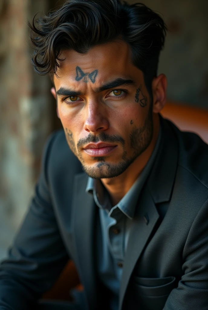realistic image, ultra HD, 8k, attractive man,comely, Youngh, mafioso serious look, using suit, tatuados