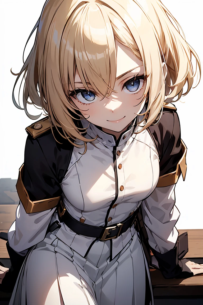 (Super sexy pose:1.2), One Girl, whole body, White one-piece military uniform, (Tabletop:1.2, Highest quality), (Beautiful, detailed eyes: 1.2), (Beautifully detailed face), High Contrast, (Best lighting, Very delicate and beautiful), ((Cinematic Light)), Dramatic Light, Deep orange eyes, small, Below the belt , White military uniform, White Skirt,Blonde, Black tie, (Pale white background:1.5), Wolf Cut Hair, Look at me and smile,