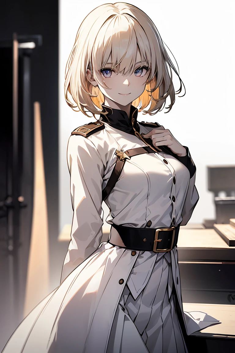 (Super sexy pose:1.2), One Girl, whole body, White one-piece military uniform, (Tabletop:1.2, Highest quality), (Beautiful, detailed eyes: 1.2), (Beautifully detailed face), High Contrast, (Best lighting, Very delicate and beautiful), ((Cinematic Light)), Dramatic Light, Deep orange eyes, small, Below the belt , White military uniform, White Skirt,Blonde, Black tie, (Pale white background:1.5), Wolf Cut Hair, Look at me and smile,