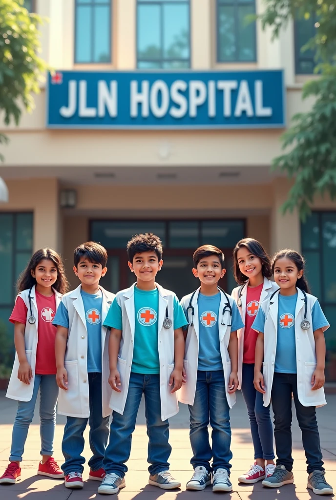 A hospital named JLN Hospital front side four boy Santosh sazid Kunal vasu on t-shirt and two girl Pooja Laxmi on t shirt are dressed as doctor.
