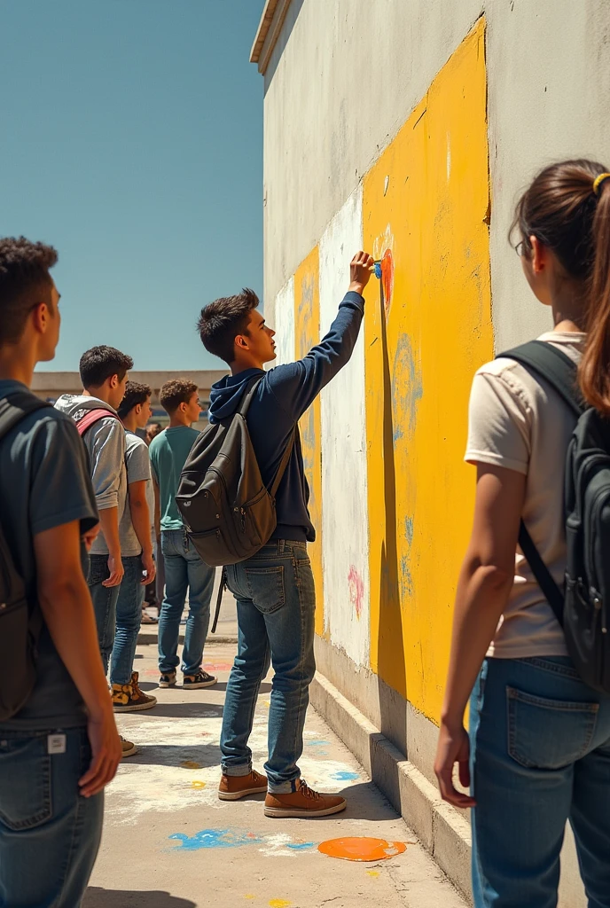 A student is painting a wall and people are watching.
