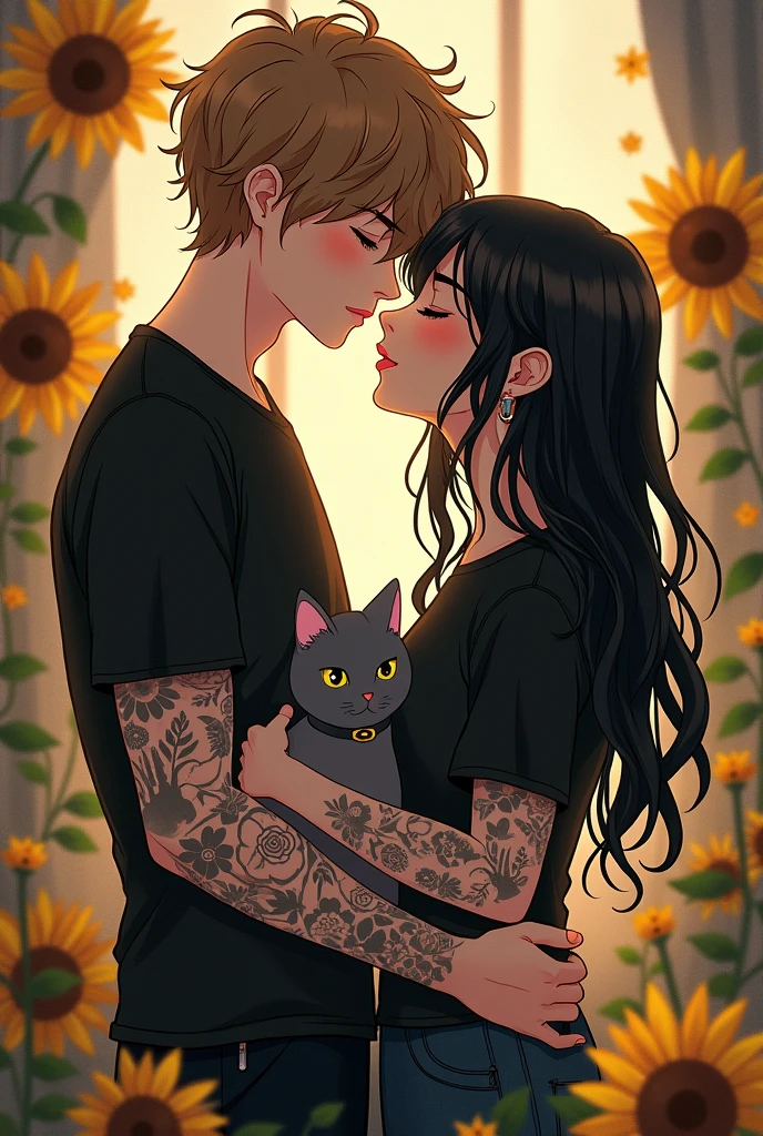  but with a boy with light brown hair, a little bit cheesy, with curly hair tall white skinny, very white cute, 20 years old white girl with long black hair, cut in layers and thick lips, short in stature, not in fancy dresses but in cool clothes, the with. Black t-shirt and pants below, She dressed in black and modern, a  of 3 years, Pretty similar to them two, she has tattoos on her arm, all over her arm, a Kuromi, some cats, some flowers, She is not so thin but not chubby either and they both love each other very much with their eyes closed and cats and sunflowers Gothic style 
