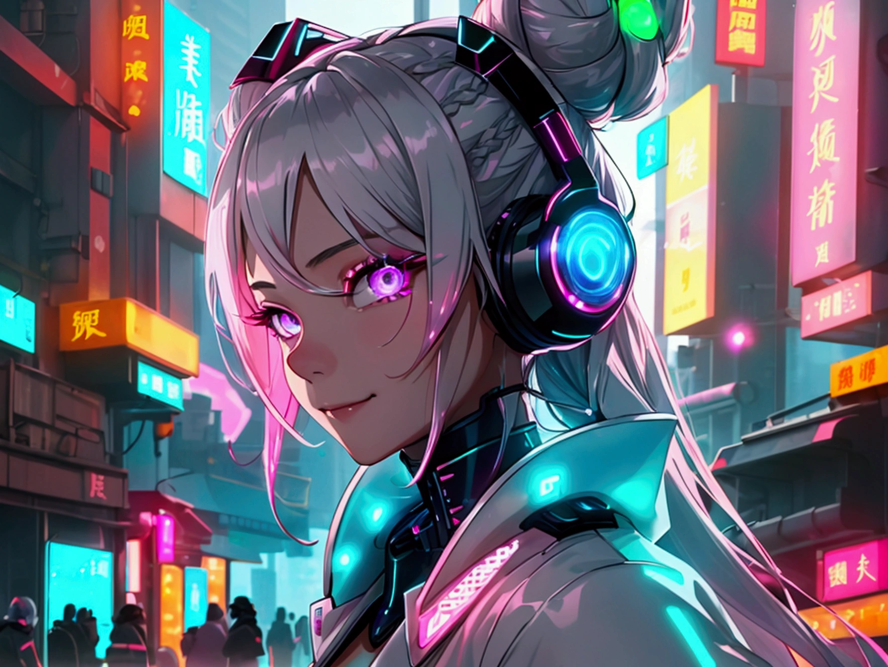 1 woman, Chinese_clothes, liquid silver and pink, Cyber Han,How many guards?,White bra,Slick,bare,cyberpunk city, dynamic gesture, Glowing headphones, glowing hair accessories, long hair, glow earrings, Fluorescent necklace, cyberpunk, เมืองที่มีtechnologyสูง, full of mechanical and of the future elements, of the future, technology, glowing neon, pink, Light blue, Clear tool, Transparent beam, laser, City Sky Digital Background, Big Moon, with vehicles, best quality, Masterpiece, 8ก, Edge of character light, Extremely high detail, High quality, The most beautiful woman in humanity, smile a little, The face faces left and right symmetrically., Ear decoration, Beautiful iris light effect, Image data, I have silver-white hair, Hair is not messy, long hair,Two high bun braids hairstyle, Luminous electronic clock, deep eyes, be happy, English Doodle Writing