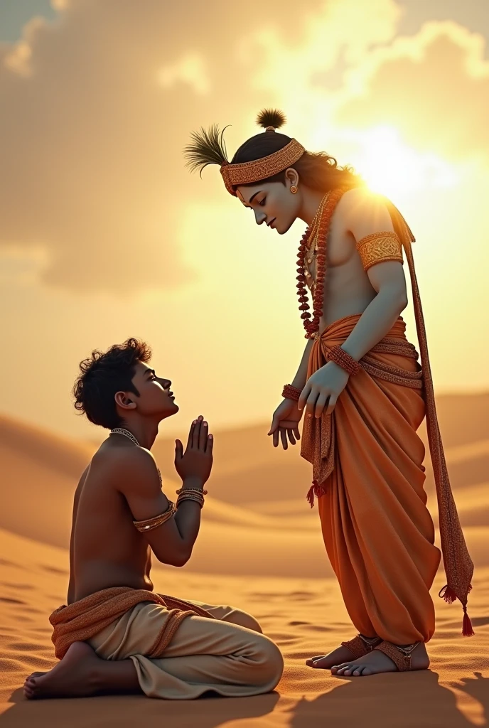 (photorealism:1.2) Rajasthani young man 2 praying with krishna God and Krishna is blessing the person in open sky and in desert 
Rajasthan state map in background 