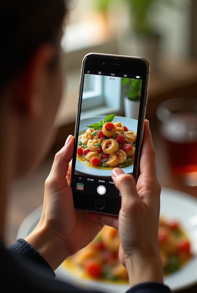 Give me a person taking a picture of a plate of food, but the plate of food is only seen on the screen of your cell phone