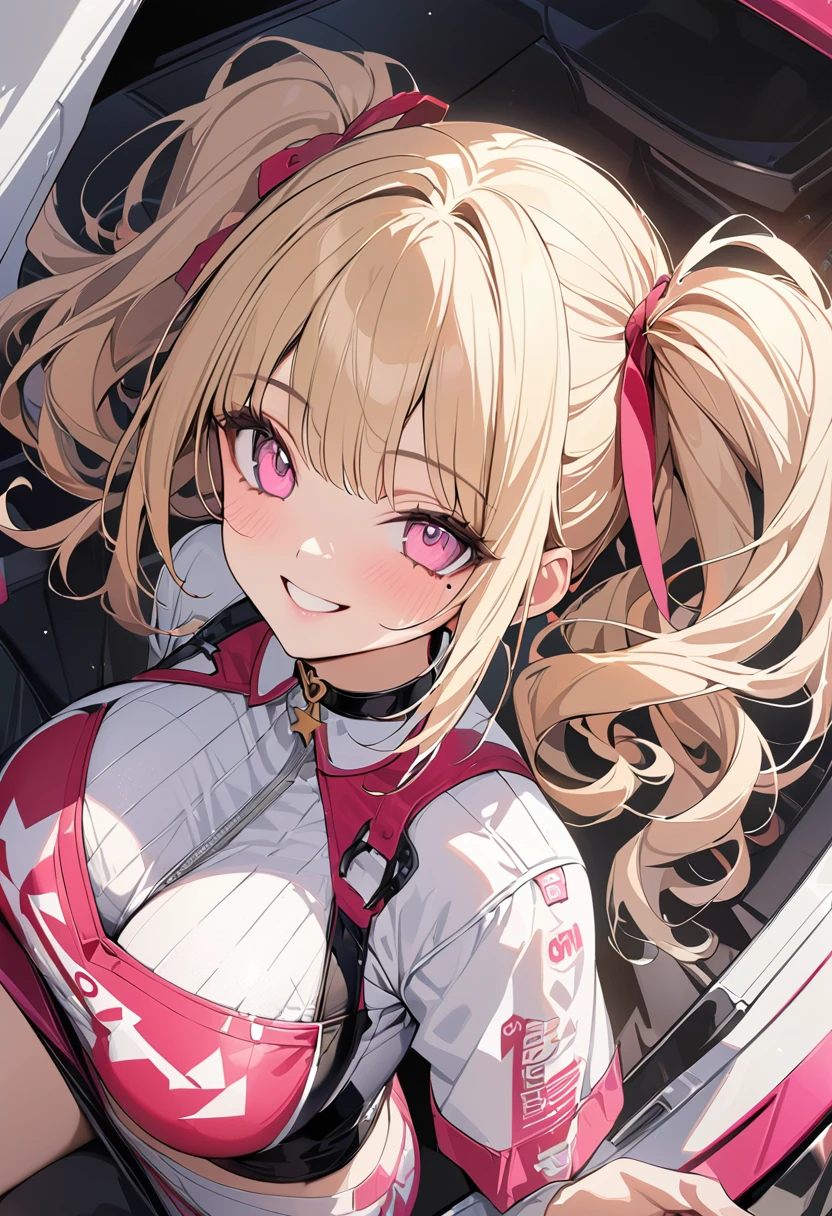1 person, Blonde Bob Hair, Heart shaped eyes, ♡, Big Breasts, Race Queen, {girl with Blonde Bob Hair named nao}, (Pink eye color), {Race Car}, (smile), Light background , Mole under the eye, Star-shaped choker, (masterpiece, Highest quality), Very detailed, Highest quality, Official Art, beautifully、aesthetic: 1.2), (1 person), Very detailed, (Geometry Art: 1.3), colorful, Most detailed ,(garden,beautiful flower々), (masterpiece, Highest quality), Official Art, beautifully、aesthetic: 1.2), (1 person), Very detailed, (Geometry Art: 1.3), colorful