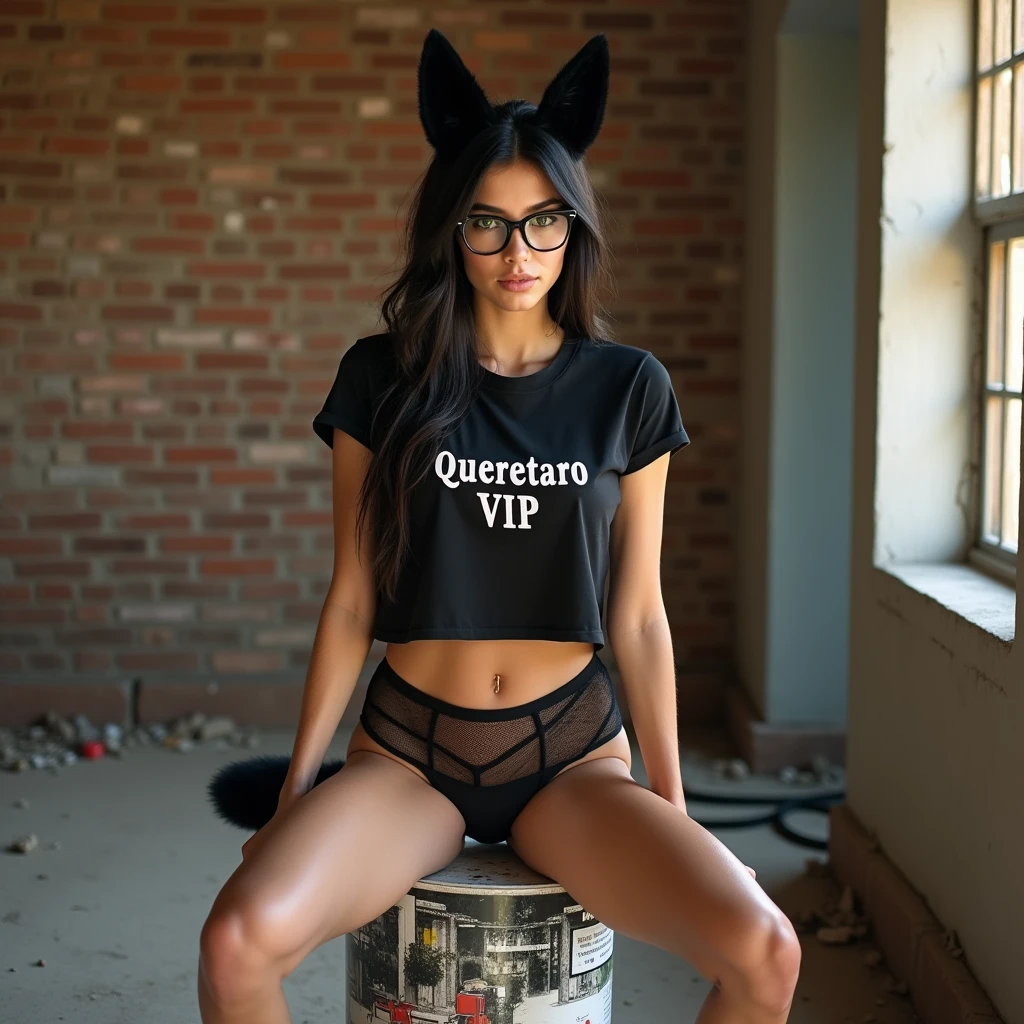 Latin woman, White skin, green eyes, huge breasts, Athletic legs, dark glasses, Black short t-shirt with the legend: "Queretaro VIP", black lingerie, black fox ears, black foxtail, sitting on paint can, In the background a rustic brick wall, In the background you can see a construction in progress