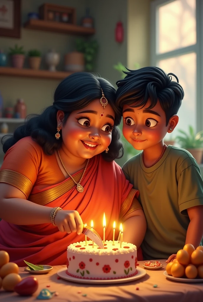 Indian Chubby women birthday cake cutting with young boy friend