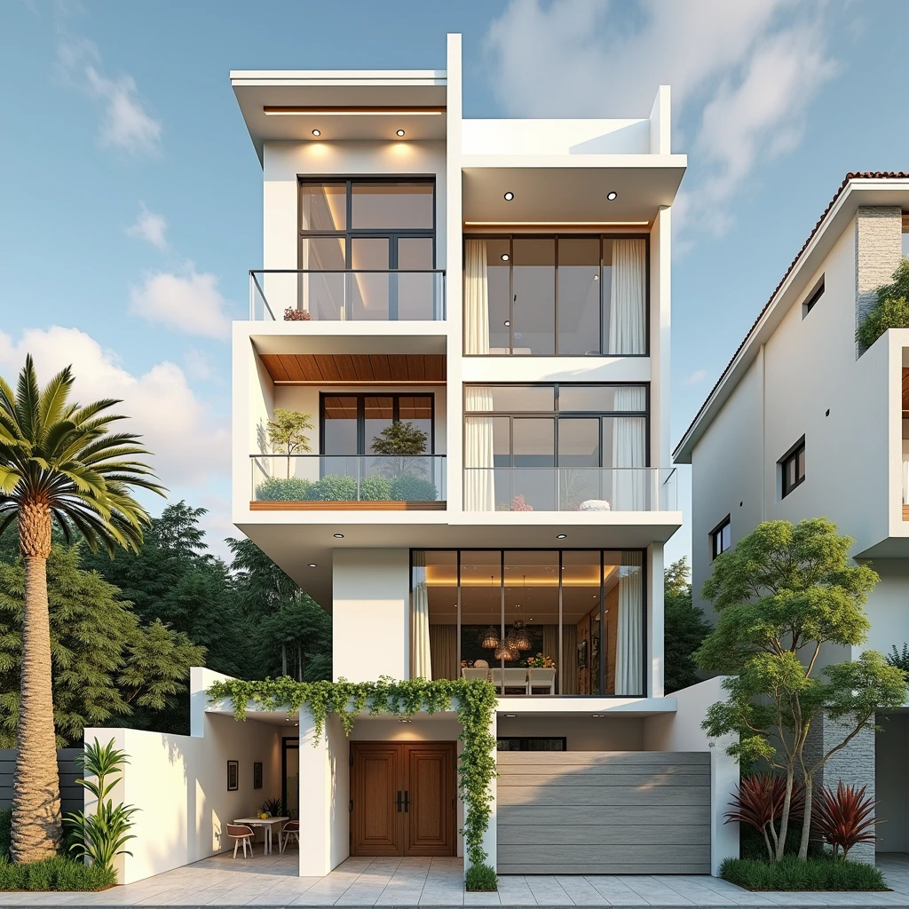 maison de ville moderne sur rue, (sun set), arbre tropical, couleur vive, paysages de rue, white tone, white wall, Large glass door, (Warm interior lighting:1.2), wood and marble, best quality, 18ArchiAI_VL-v1