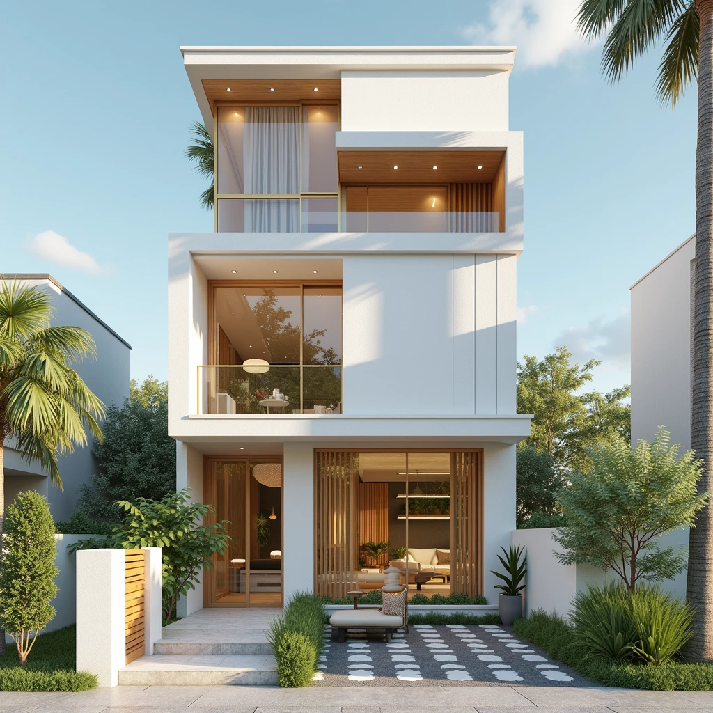 maison de ville moderne sur rue, (sun set), arbre tropical, couleur vive, paysages de rue, white tone, white wall, Large glass door, (Warm interior lighting:1.2), wood and marble, best quality, 18ArchiAI_VL-v1