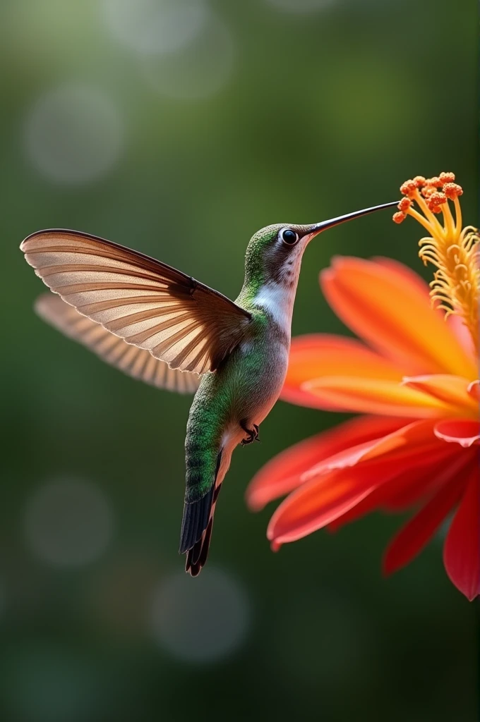 5. **Hummingbird Hawk-Moth**:  
"Generate a detailed and lifelike image of a Hummingbird Hawk-Moth hovering in front of a flower. Capture its resemblance to a hummingbird with its rapid wing movement and feeding behavior."not bird insect 