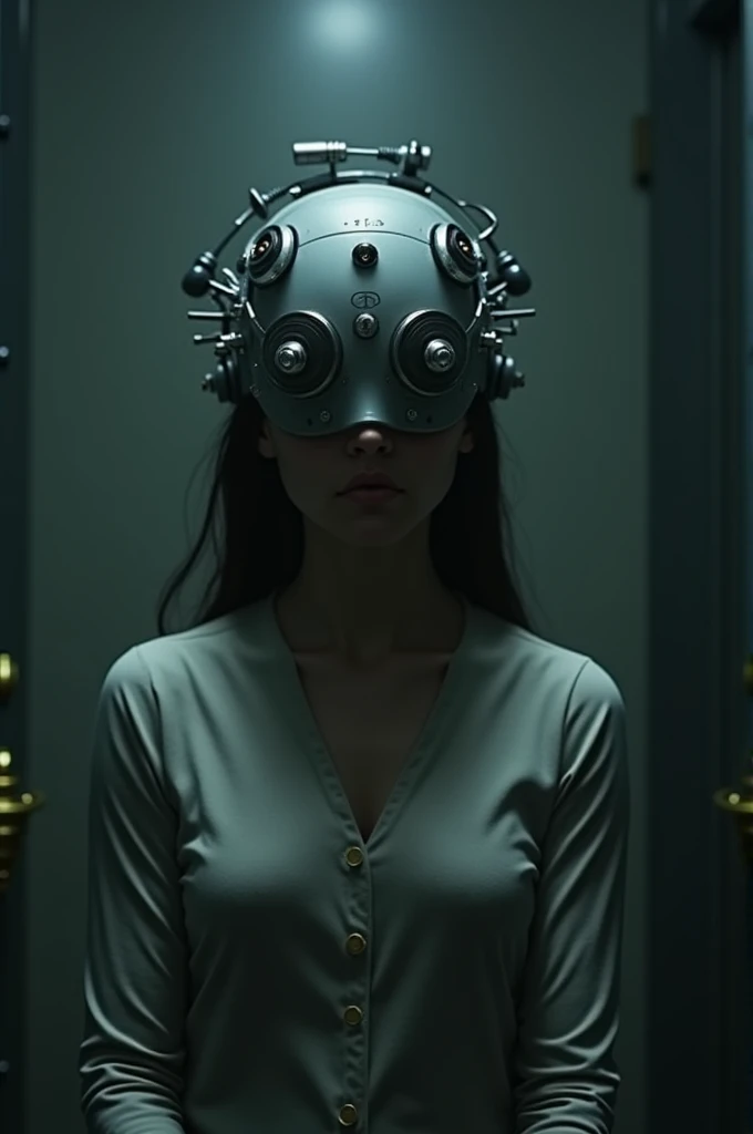 Create a woman controlled by a mind control hat and cover her face so that her face cannot be seen