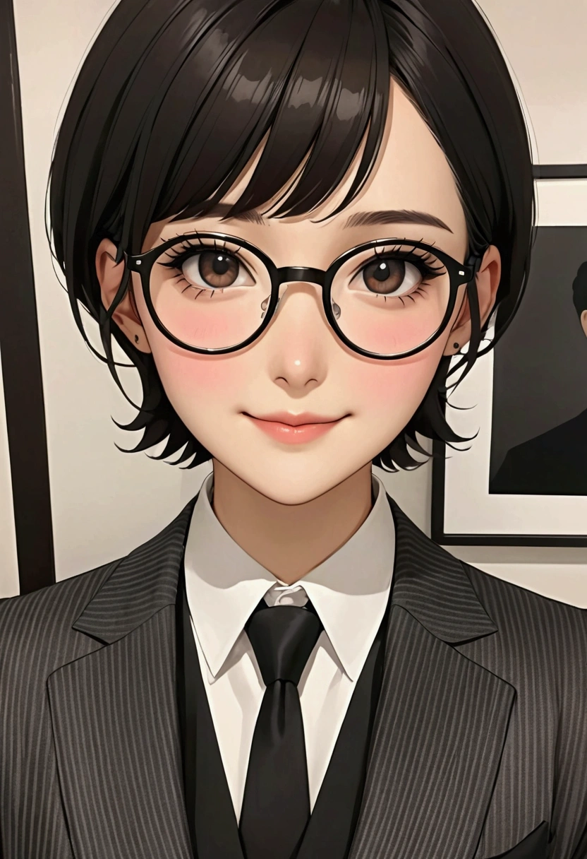 #TikTok Icon #Cool smile #40age #There's a bit of an uncle vibe to it. #Dark brown hair #short hair very short #Bangs are eyelash length #Waxed hair with movement #Gray striped suit #Black Shirt #Black tie #Black tieピン #Thin, black framed glasses #A relaxed, adult atmosphere #The figure is slim