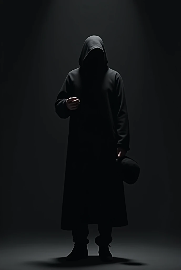 make an animated image of a man incognito all in black including holding his cap with a black background