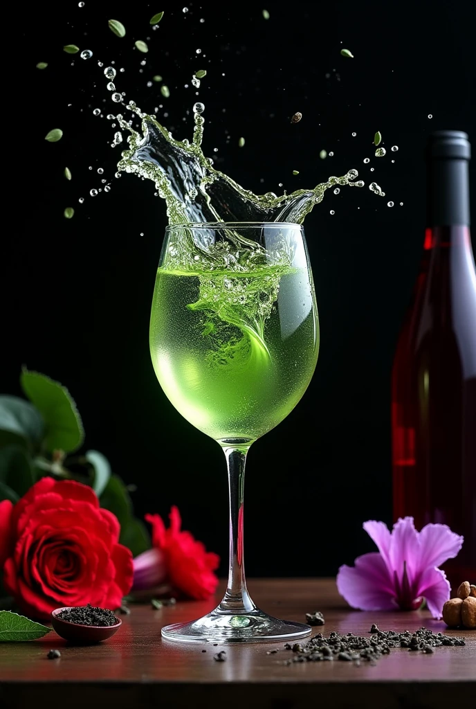 (Movie-like photos:1.3) of (Realistic:1.3) a studio shot of a (explode:0.2)  (Splash:0.9) a wine glass of green tea 、Clear green liquid，Transparent splash in a glass，There is little liquid in the glass，
Contains , Splash Image, Full Color, In Kamba, splashes of liquid, Drink, flower, Next to Green Tea Leaves and Flower, Strong colors, ticker, Invoking joy, Water swirls, Fred Marcellin, Top selection when splash is removed, professional food photography, Artistic photography. Black background，Red and purple flowers on the table、Tea leaves fluttering，
Fantasy，A bottle of red wine is beside it，Bottleneck is black，Many leaves are falling、A lot of tea leaves are flying，splash、透明なsplash，