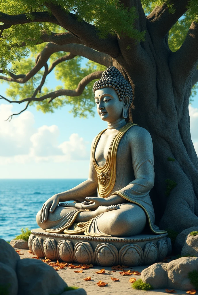 The Buddha statue sits under a tree with the sea behind it.
