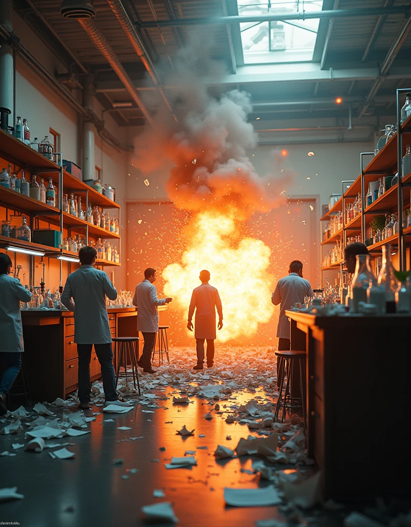   in the laboratory scene create a small explosion. The lab was in chaos with equipment scattered everywhere.. 