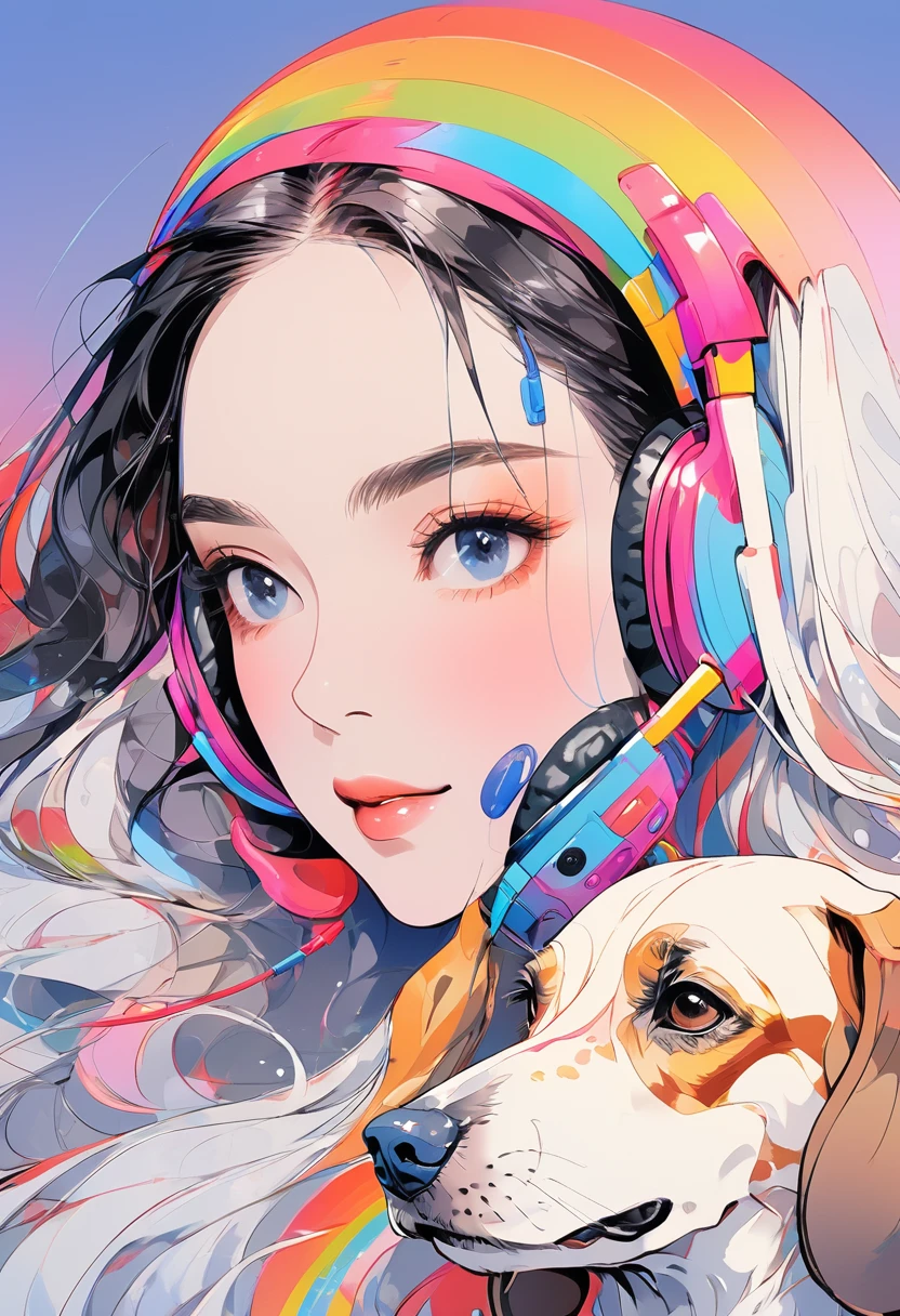 (best quality:0.8), (best quality:0.8), Perfect example,Portrait of a beautiful woman and her dog、image、complicated、blueprint、beautiful woman with headphone、Dachshund、Colorful colors、Rainbow gradient