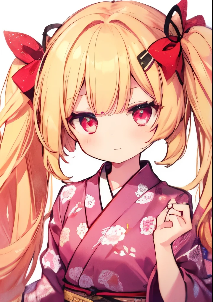 One girl, wearing a cute pink floral yukata, short yukata, cute face, big smile, strong eyes, many eyes, kind loving face, bright expression, blond hair in twin tails,, red ribbon, wearing red ribbon, moonlight in the night sky open hands, in focus Face, Front view, Red eyes, Both hands, Five fingers, No shadow on background, High quality