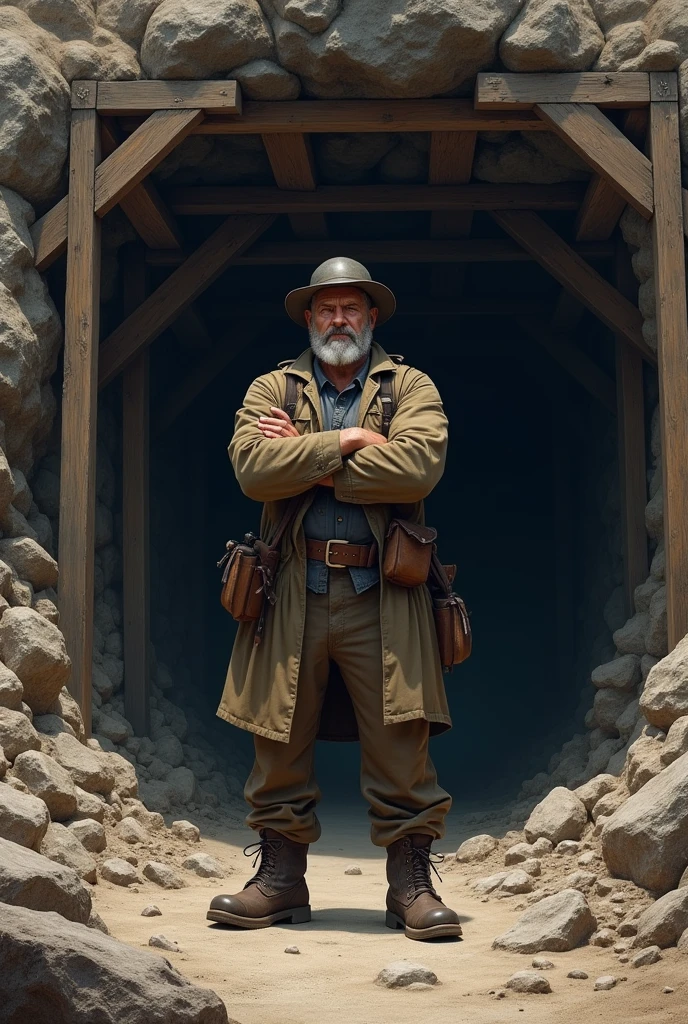 At the entrance to a mine there is a foreman with a serious expression on his face.
