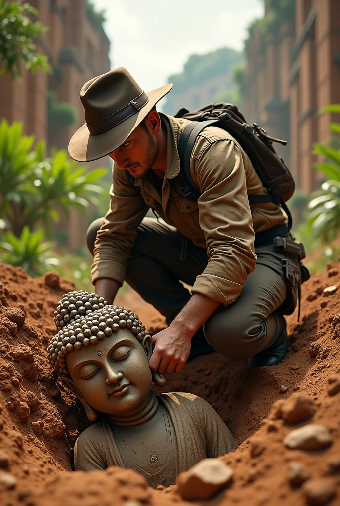 Archaeologist dressed like the hero of the movie Indiana Jones excavating an ancient site found an ancient Buddha statue. Realistic, high-definition photos.