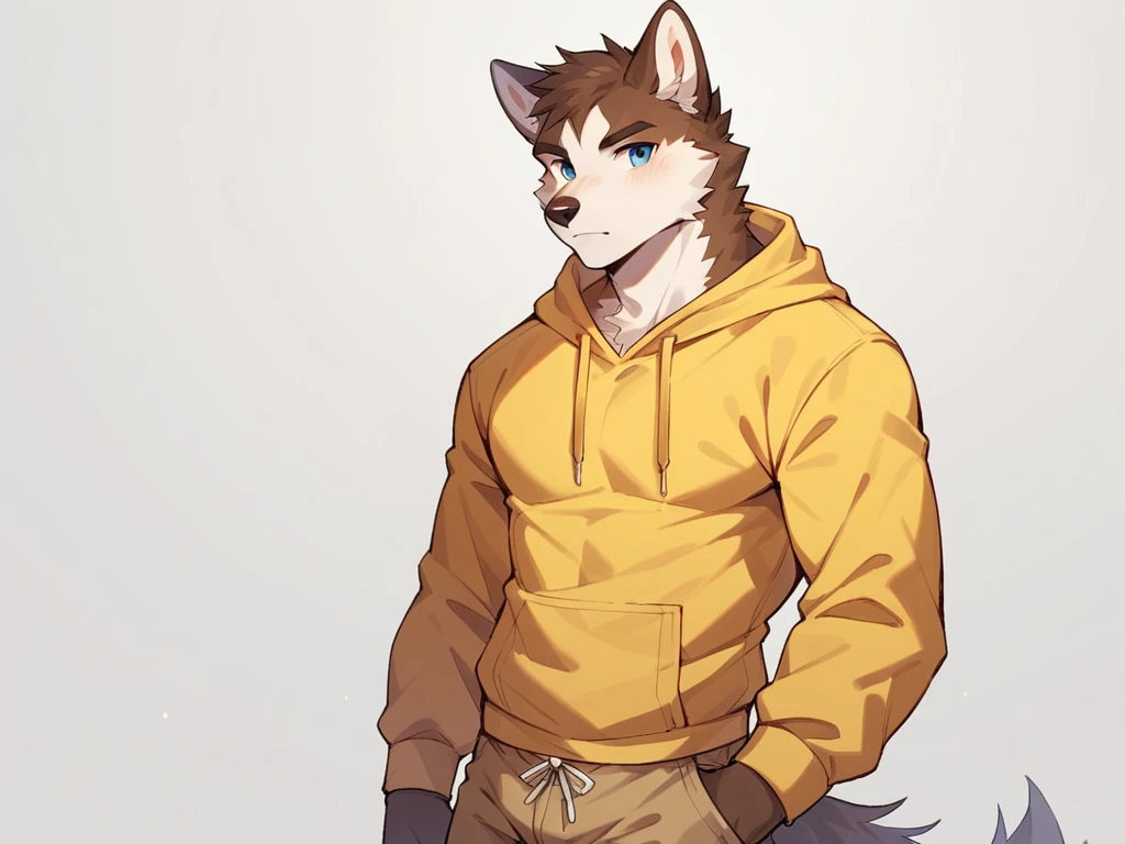 score_9, score_8_up, score_7_up, high quality, hires, anthro, male, husky, brown fur, brown ears, mostly white fur, blue eyes, yellow hoodie, brown shorts, white background,