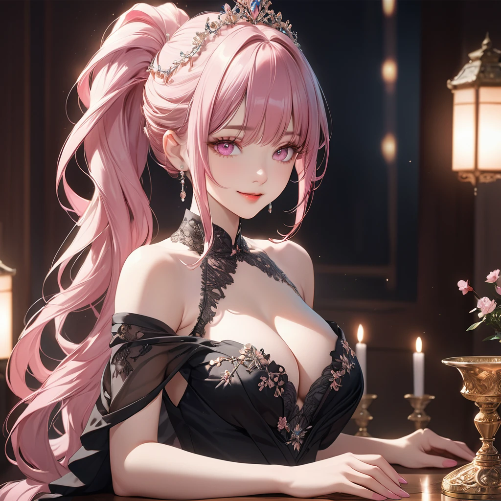 (8k, Tabletop, Highest quality, Official Art, Breathtaking beauty and aesthetics, A expensively detailed, Beautiful lighting:1.2), (1 person, alone), (), (Beautifully detailed face), (Glowing White Skin), (Beautiful big bust, Cleavage:1.3), (Beautifully detailed pink pigtail hair, bangs:1.3), (Beautiful delicate droopy pink eyes:1.5), break, (A beautiful black cheongsam down to the last detail, Intricate see-through black lace, Silver Thread), break, (tights, expensive_gap, Black garter stockings with beautiful details), (Beautiful Gorgeous Diamonds Tiara), (Happy and cute smile:1.5), (Charm, elegant, Gorgeous, Eye-catching, elegant, Everyone loves it, Looking at the camera, Cute pose), (ultra detailed realistic Breathtakingly beautiful Gorgeous room),