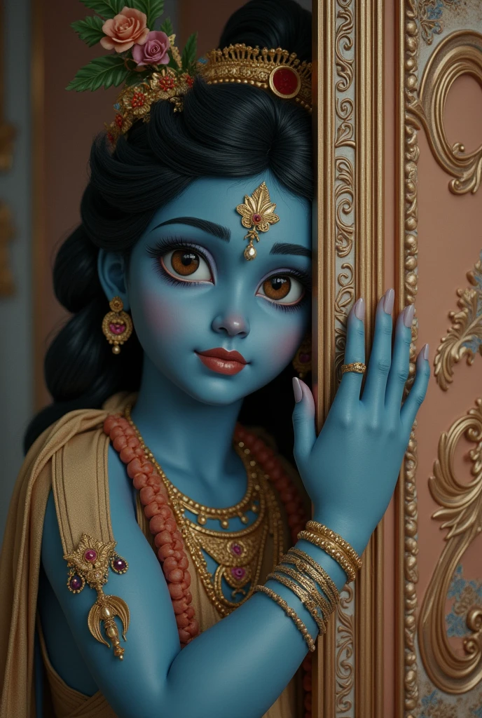 This image in which Krishna Lord is watching behind the screen