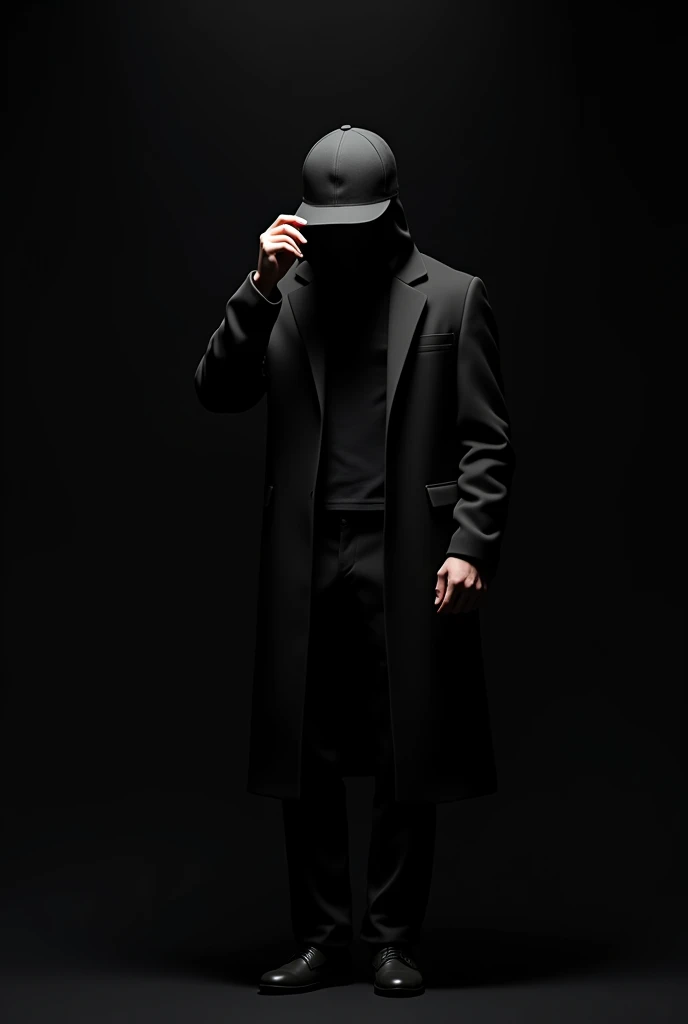 make an animated image of a man incognito all in black including him holding his cap with a black background even more animated