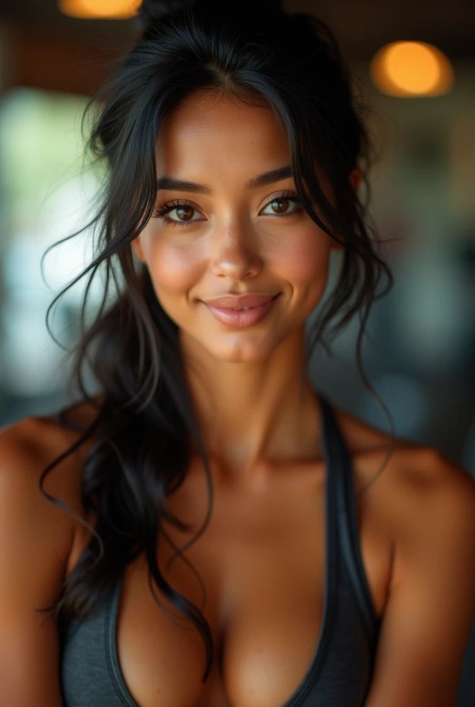 . ((Whole body)). (Best Quality,4k,8k,High resolution,masterpiece:1.2),ultra detailed,realist,photorealist:1.37, beautiful detailed brown eyes, beautiful detailed lips, extremely detailed face, long eyelashes, intimate view, Soft lighting, vibrant colors, warm tones, atmosphere, Beautiful woman, Shaped and juicy body., shy expression, by the wide, black hair color, flawless skin texture, perky, Smiling face with gentle breeze,with her hair tied back in a high ponytail, Wear a sports bra and sports pants, in the gym , {{{front point of view}}}. 