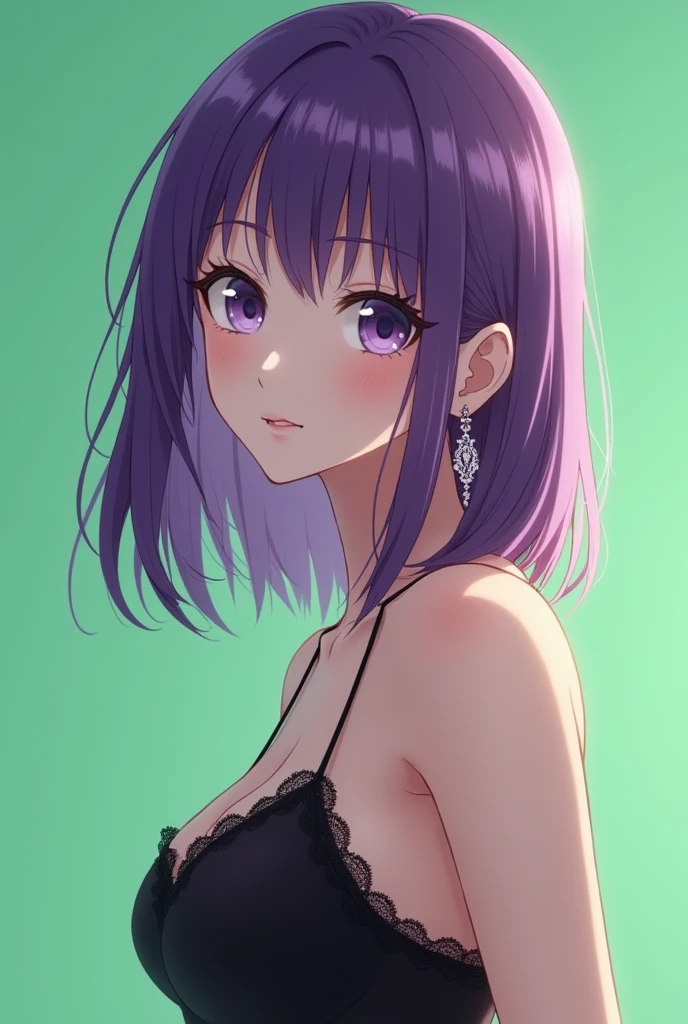 (8k, RAW photo, best quality, masterpiece: 1.2,1 girl,anime), (Hairstyle details: straight, shoulder-length purple hair), (Body shape details: slender and elegant, with a slightly turned pose, graceful posture), (Facial expression details: eyes gazing softly at the viewer), (Clothing details: black lace top, elegant earrings), (Clothing details: black lace top, elegant earrings), (background details: plain green chroma key background)