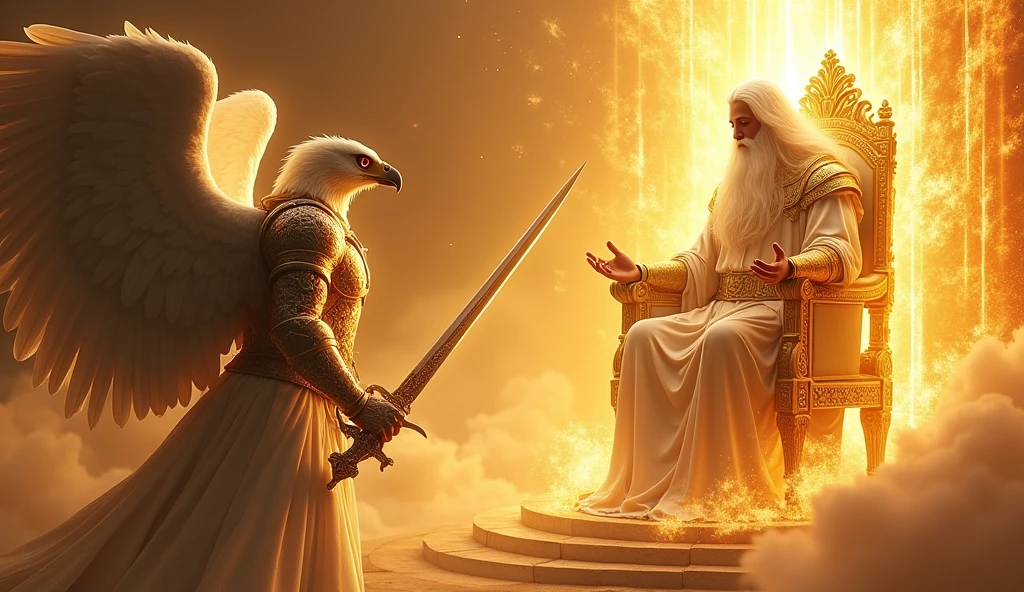 Make an angel with eagle face with gold armor and holy sword, looking up on a beautiful super vast and gigantic God with a face of light and fire, white long hair, white beard, Gold and white rob, seated on His thrown with firery light around him and his thrown, UHD masterpiece, realistic, 32K, 5D, Style Raw.