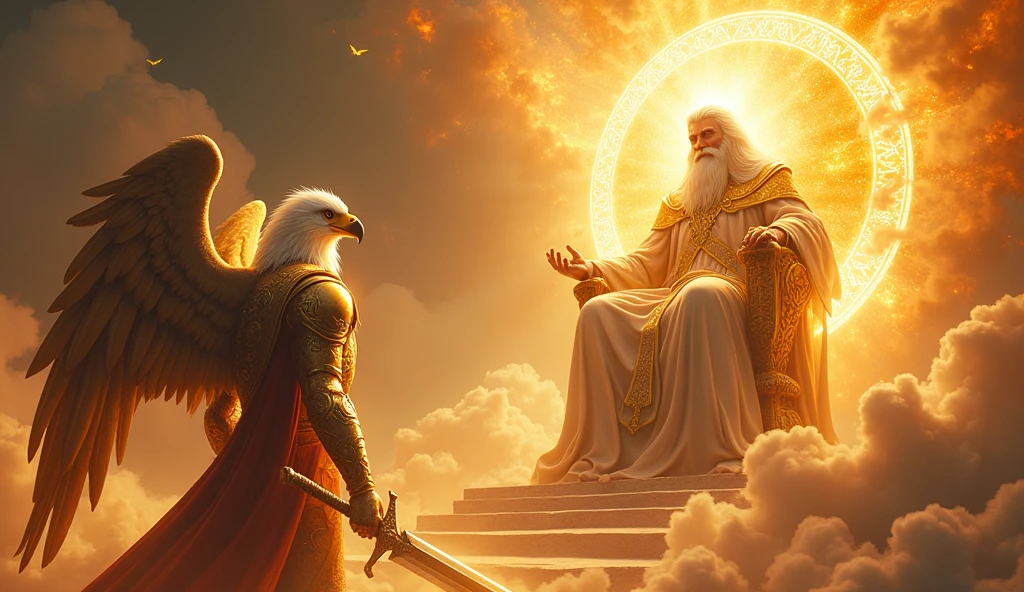 Make an angel with eagle face with gold armor and holy sword, looking up on a beautiful super vast and gigantic God with a face of light and fire, white long hair, white beard, Gold and white rob, seated on His thrown with firery light around him and his thrown, UHD masterpiece, realistic, 32K, 5D, Style Raw.