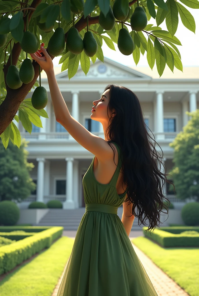 black-haired teacher, long and loose, in front of the school, picking avocados, with a beautiful dress
