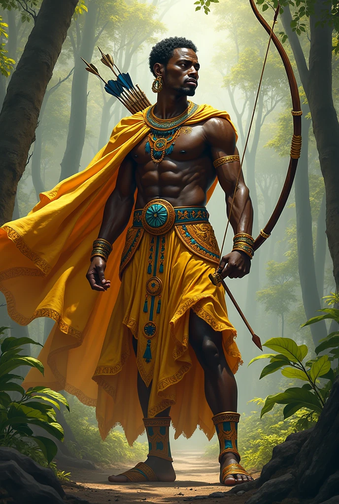 Oshosi hunter god with bow and arrow, golden clothes, orange and blue