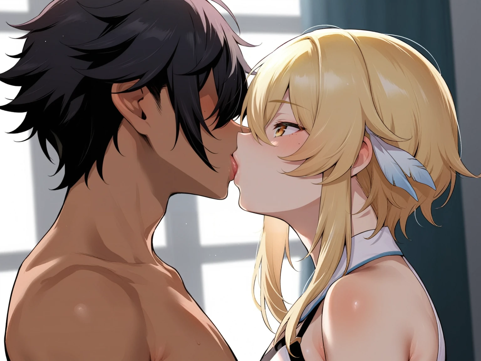 source_anime, rating_explicit, score_9, score_8_up, score_7_up, 1boy, twink, femboy, portrait, indoors, medium length hair, brown skinned twink, hair over eyes, ((brown skin)), browm boy, boy, messy hair, ikuchan, black hair, masterpiece, high-quality, small penis, BREAK, 1girl, female, white skinned, light skinned male, dominant light skinned female, kissing, femdom, large white female, ((size difference)), medium breasts, lumine, genshin impact, duo, Heterosexual