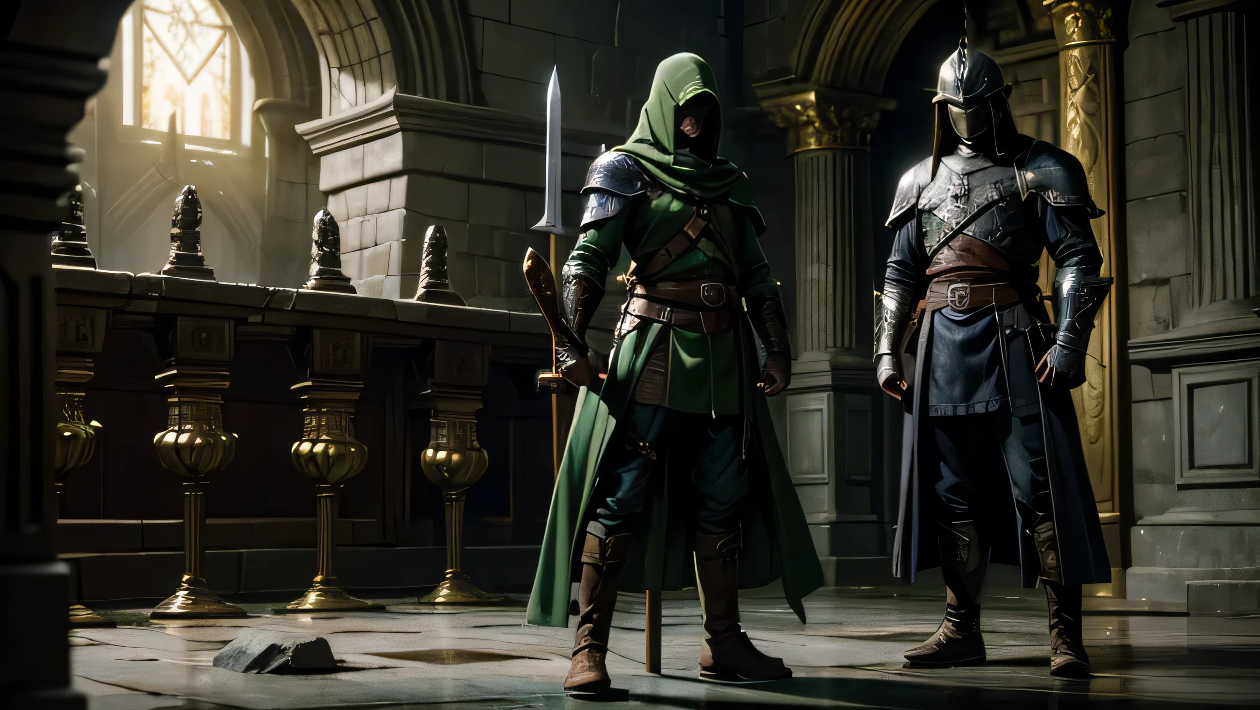 "In a dimly lit hall within Hyrule Castle from The Legend of Zelda, two soldiers clad in green full-body armor lie motionless on the cold stone floor. Their armor, once polished, now bears the marks of battle, with scratches and dents visible. Their swords lie beside them, the hilts still clutched in their gauntlets, while their helmets remain securely on their heads, concealing their faces.
Standing nearby, two other soldiers in the same green armor are vigilant, their posture tense as they scan the surroundings. One holds his sword at the ready, while the other grips a shield, both appearing wary of the threat that has brought their comrades down. The light from nearby torches casts long shadows, emphasizing the contrast between the fallen and the standing soldiers.
The scene is charged with a mix of tension and somberness, as the standing soldiers are surrounded by the aftermath of a recent battle, their focus on defending the castle despite the loss of their fellow warriors. The background remains shadowy, with just enough light to highlight the figures of the soldiers and the cold, unforgiving stone of the castle floor."