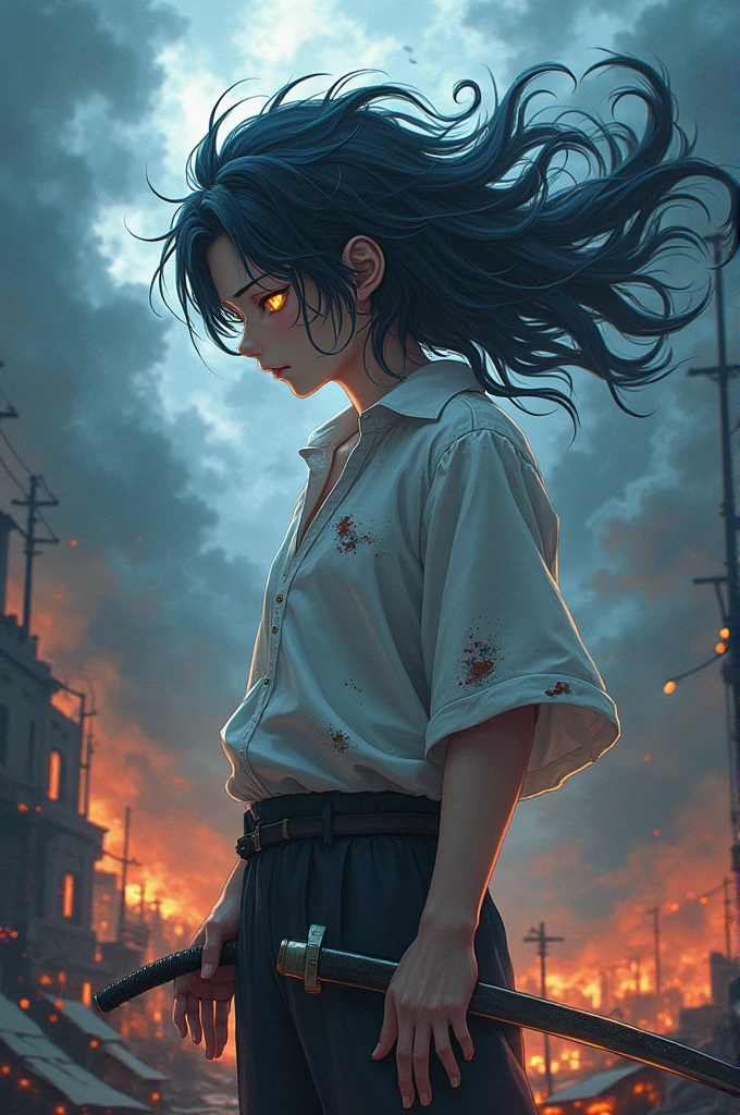 ((best quality)), ((masterpiece)), (detailed), perfect face"Yuta Okkotsu stands resolute, having just returned from the brink of death after his fierce battle with Sukuna. His white school uniform is torn and stained, evidence of the intense struggle he has endured. His dark, tousled hair hangs over his eyes, which now blaze with a renewed determination and the weight of his experience. His right hand rests on the hilt of his katana, the blade still shimmering with residual cursed energy, a testament to the power he has unleashed.

Around Yuta, the atmosphere is heavy, almost suffocating, with an oppressive aura that seems to weigh down the very air. The battlefield is a desolate wasteland, littered with the remnants of shattered buildings and scorched earth. The sky above is a roiling mass of dark clouds, occasionally illuminated by flashes of cursed lightning that crackle with malevolent energy. The ground beneath Yuta's feet is cracked and uneven, with pools of blackened, cursed energy seeping from the fissures like toxic blood.

Beside Yuta, Rika Orimoto hovers protectively, her form both ethereal and terrifying. She appears as a ghostly apparition, her long, flowing hair and tattered dress moving as if caught in an unseen current. Her eyes, glowing with an otherworldly light, are filled with a mixture of longing and unyielding loyalty towards Yuta. Rika’s aura is palpable, a dense, swirling mist of cursed energy that wraps around her like a shroud. The air around her vibrates with a low hum, the very fabric of reality distorting slightly under the immense power she radiates.

Yuta’s own aura is a sharp contrast to Rika’s; it is a focused, controlled force, like a sword poised to strike. His energy pulses with a calm, steady rhythm, creating an aura of intense concentration that seems to push back against the chaotic energy around him. The two auras, Yuta’s disciplined and precise, Rika’s wild and chaotic, intertwine in a delicate balance, creating a powerful, i