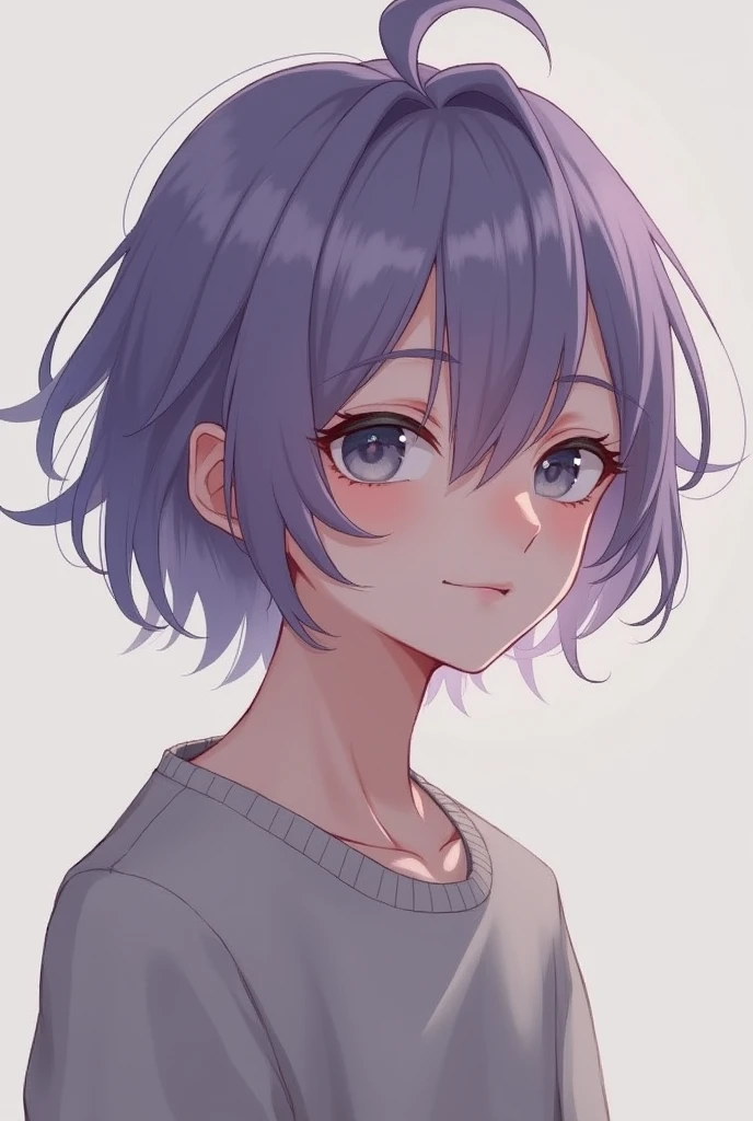 Short feminine male, non-revealing clothes, purple hair, grey eyes, uwu, adult