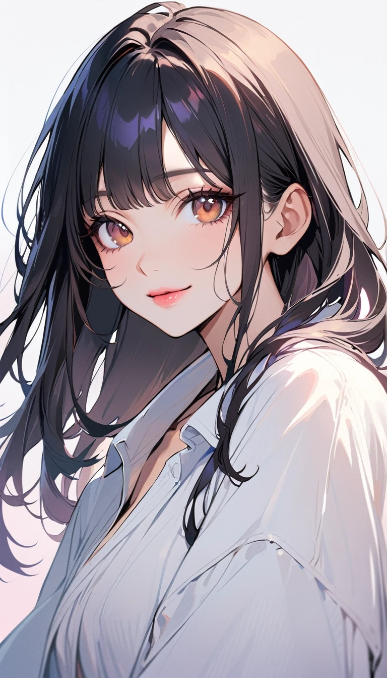 1woman, solo, medium straight hair, black Hair, brown eyes, smile, wear white oversize shirt, pink lips, looking at viewer, light lips, upper body, closed mouth