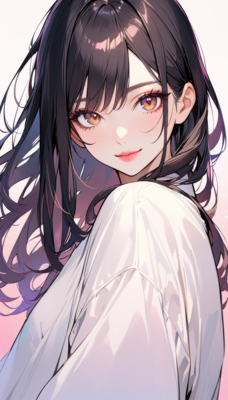 1woman, solo, medium straight hair, black Hair, brown eyes, smile, wear white oversize shirt, pink lips, looking at viewer, light lips, upper body, closed mouth