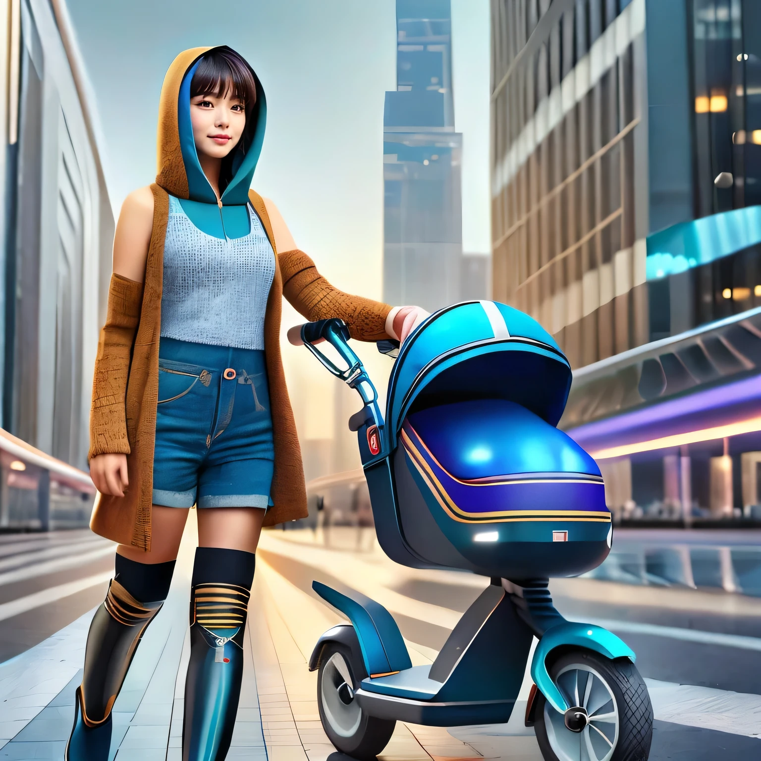 Masterpiece,high resolution,8k,Perfect Face,Perfect body。Smiling woman, 20 years old, in futuristic costume。A realistic Hollywood live-action drama about a boy pushing a futuristic capsule stroller。
